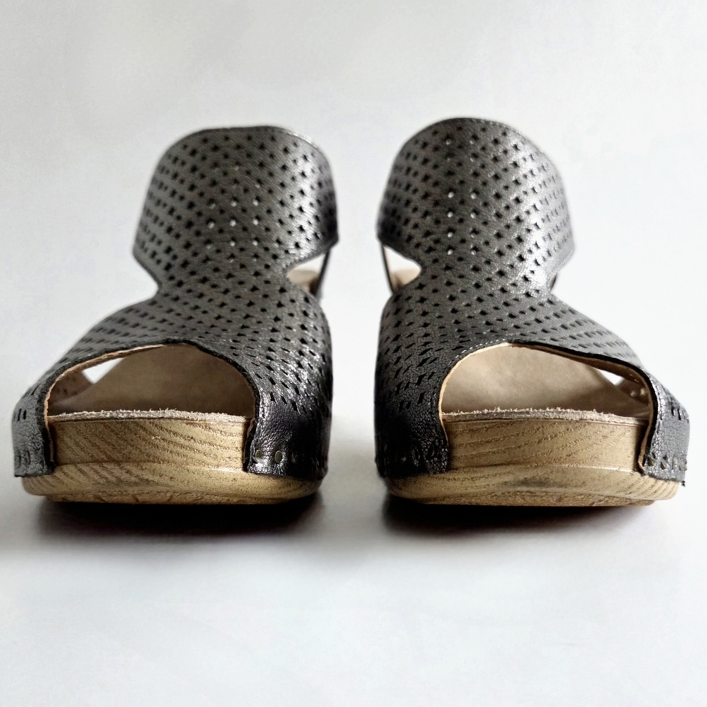 Dansko Teagan Heeled Sandals W/Peep Toe, Metallic Gunmetal Size 38 / US 7.5-8 - Picture 10 of 16
